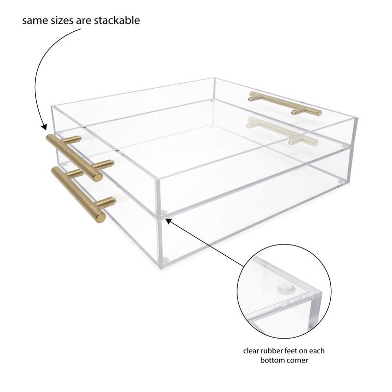 Isaac Jacobs Clear Acrylic Serving Tray (12x12) with Gold Metal Handles, Spill-Proof, Stackable Organizer, Food & Drinks Server, Indoors/Outdoors, Lucite Storage DÃ©cor (12x12, Clear with Gold Handle) - Image 5